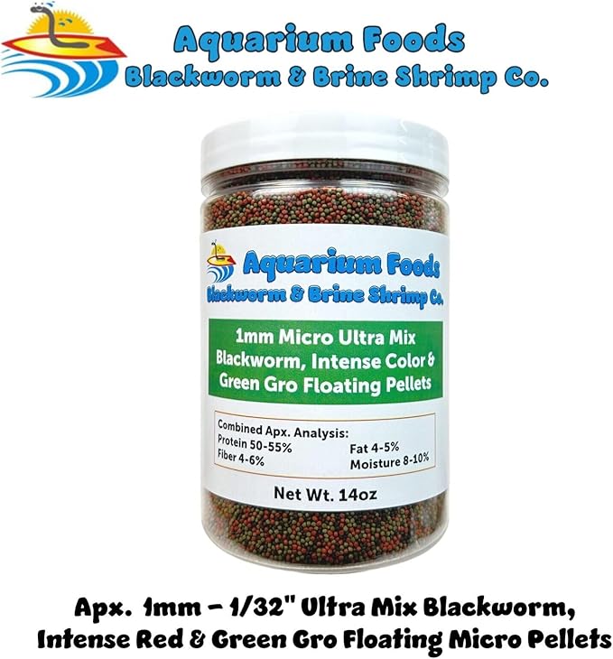 Aquatic Foods Inc. Blackworm, Intense Coloring, Spirulina 1mm Premium Floating Pellets for Small & Baby Cichlids, Discus, All Tropical Fish, Koi & Pond Fish…14oz Large Round Jar