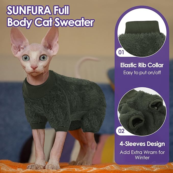 SUNFURA Sphynx Hairless Cat Sweater, Full Body Warm Fleece Sweaters with Sleeves for Cats, Soft Turtleneck Cat Clothes, Cozy Pullover Pajamas for Hairless Cats Devon, Donskoy, Army Green M