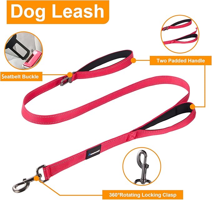 Annchwool No Pull Dog Harness,Heavy Duty Reflective Collar & Leash Set-Leash with Double Handle & Car Seatbelt Clip-Easy Control for Walking Training Medium Large Size Dogs(Red,M)