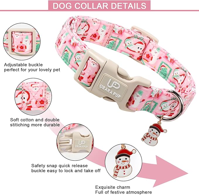Christmas Dog Collars - Lovely Pink Snowman and Lantern Print Dog Collar - Lightweight, Adjustable Collar for Small to Large Dogs XS