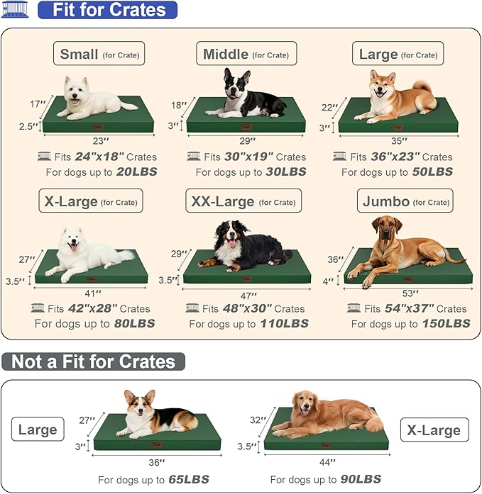 Outdoor Dog Bed for Medium Dogs, Waterproof Dog Crate Mat Orthopedic Egg Crate Foam Pet Bed with Washable Removable Oxford Cover, Dark Green
