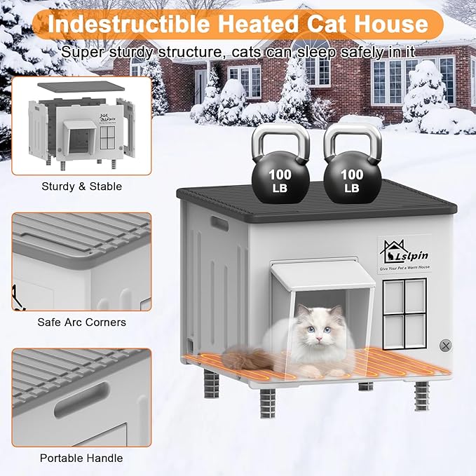 Indestructible Heated Cat House for Outside Cats Winter,Weatherproof & Insulated & Elevated Feral Cat House with Escape Door, Outdoor Indoor Cat Shelter for Stray Barn Cat 17.7×14.9×17.5