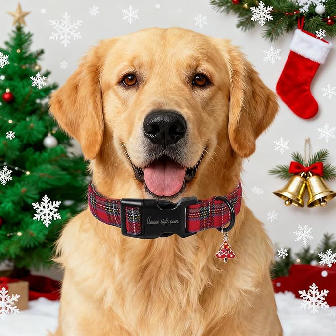Unique Style Paws Christmas Dog Collar Plastic Buckle with Pendant Red Scottish Grid Cotton Puppy Collars for Small Medium Large Dogs