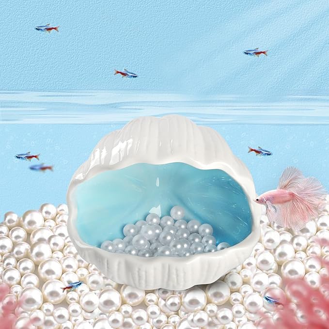 Ceramic Shell Cave with 50 Pearls - Betta Fish & Shrimp Tank Decorative Hideout(Blue + 50PCS Pearl)