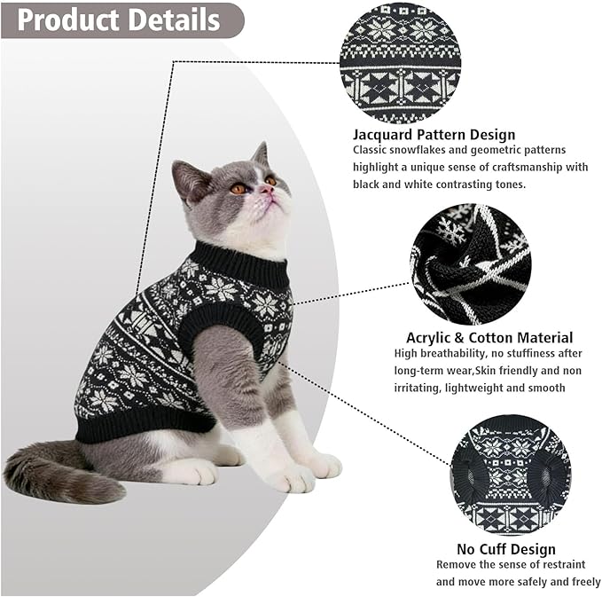 Cat Jumpers for Cats Only-Soft Warm Knitted Cat Sweater,Fair Isle Cats Jumper,XS Kitten Jumper,Kitten Winter Clothes & Pet Sweater for Kittens(Black & White Jacquard,Fair Isle Pattern).(XS)