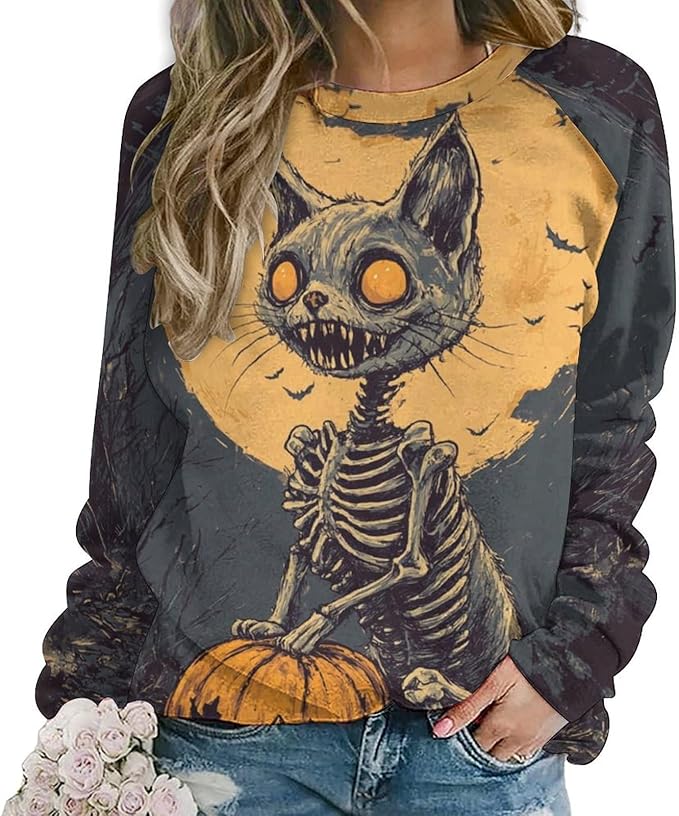 Halloween Sweatshirts for Women Black Cat Print Pullover Crewneck Oversized 2024 Fall Fashion Casual Warm Shirt