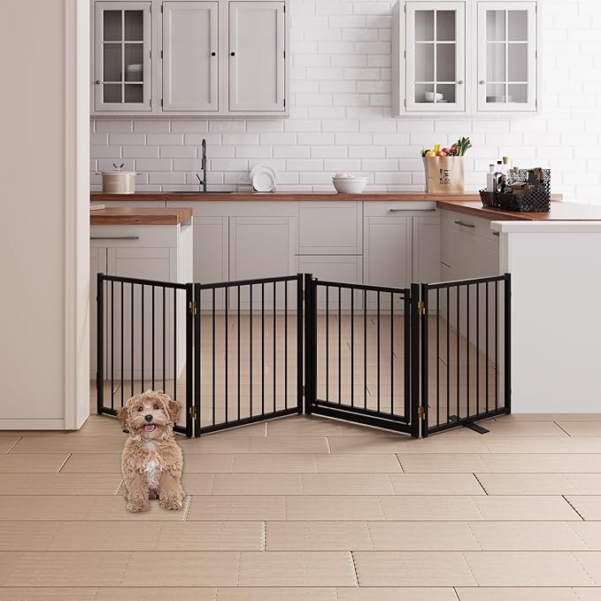 4 Panels Full Metal Freestanding Dog Gates with Door, 80” W x 24” H Folding Pet Gate Fence with Support Feet for Indoor,Stairs, Hallways and Doorways(Black)