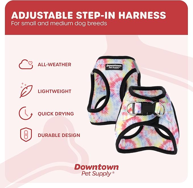 Downtown Pet Supply Step-in Dog Harness – No Pull, Adjustable Padded Mesh with Reflective Trim, Secure Buckle Strap – Comfortable & Breathable Small Dog Harness, Medium, Tye Die