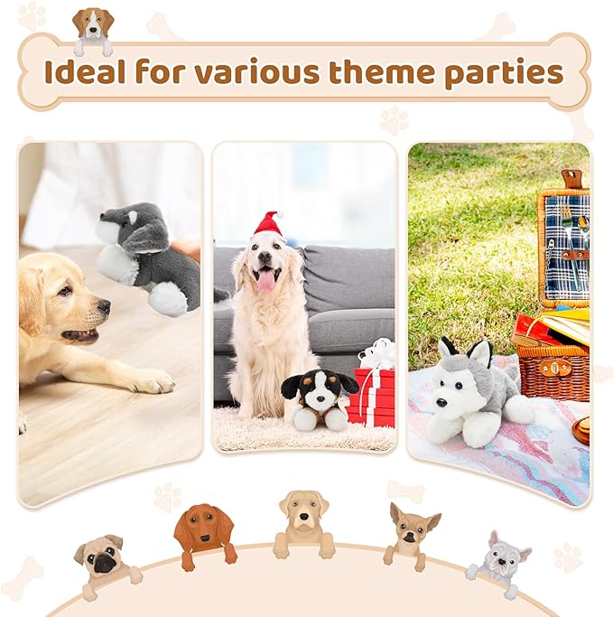 Tezituor 6 Pcs Bulk Stuffed Animals, 11" Fluffy Assorted Stuffed Puppy Plush Toys for Kids, Dog Doll Set for Dog Themed Party Favors Gift (Lying)
