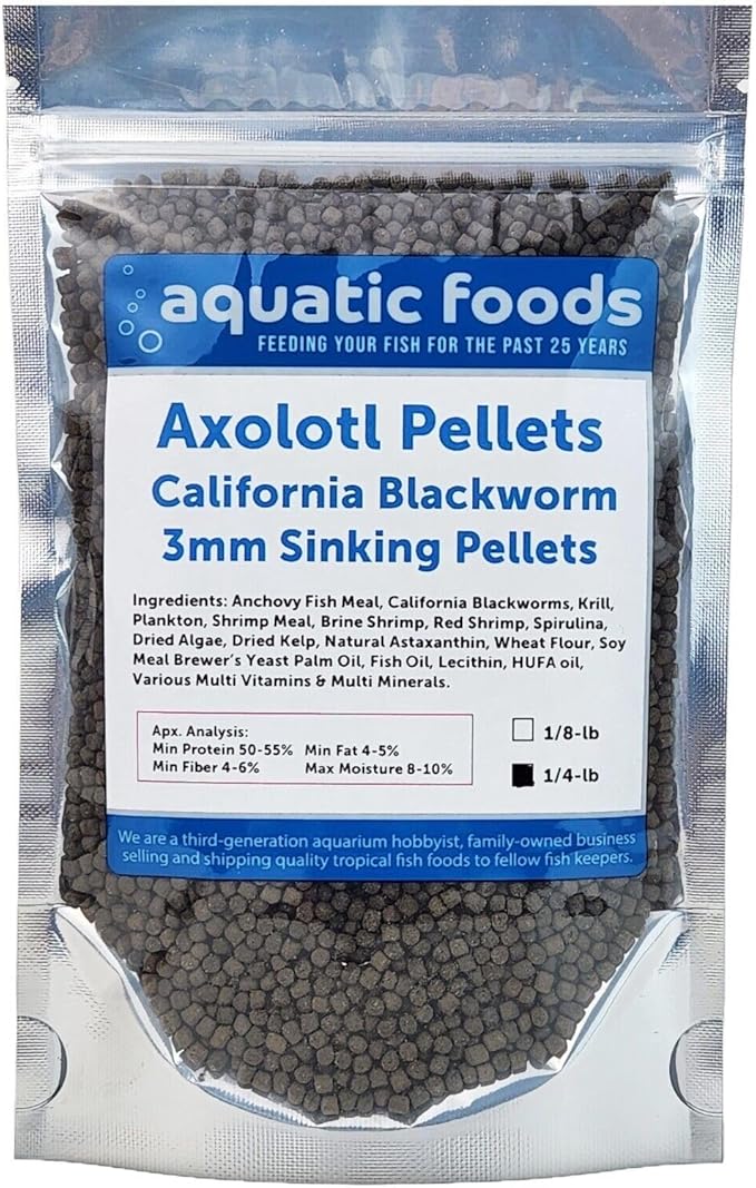 Aquatic Foods Inc. Axolotl Blackworm Pellets. 3mm-1/8 Sinking California Blackworm Medium Pellets for Medium/Large Axolotl, Frogs, Shrimp, Salamanders, Newts, Snails…1/4-lb Pouch Bag