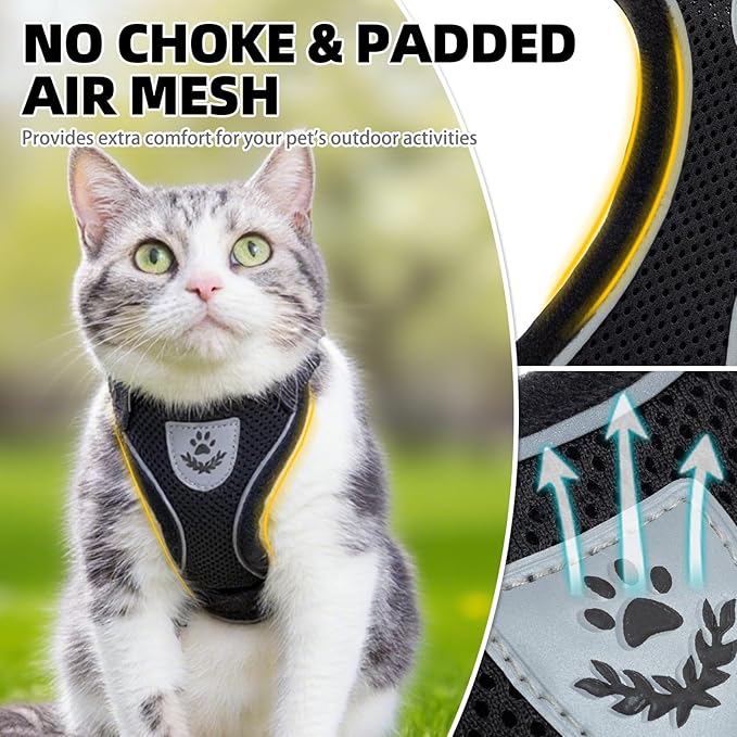 PUPTECK Cat Harness and Leash Set Escape Proof Reflective Cat Walking Harness Adjustable Soft Breathable Mesh Vest for Small Pets, Black, L