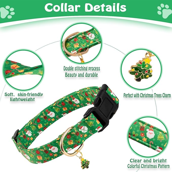 Green Christmas Dog Collar - Soft Adjustable, Special Design with Christmas Trees Charm for Small, Medium & Large Dogs