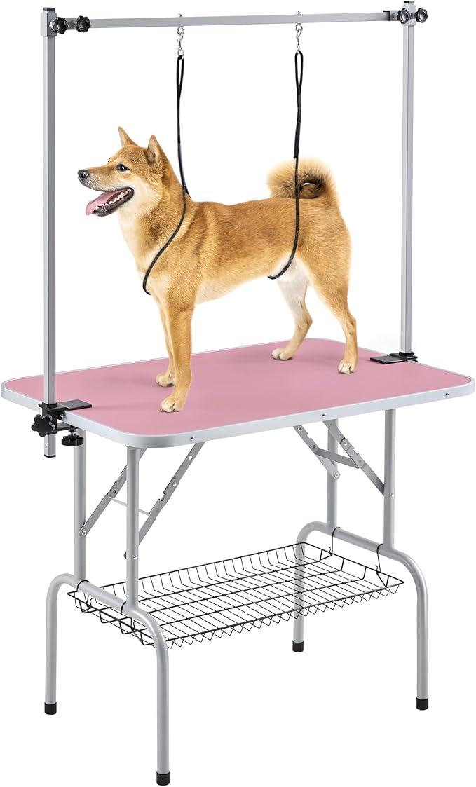 Yaheetech 36'' Pet Grooming Table for Dogs Adjustable Height Portable Trimming Table Drying Table w/Arm/Noose/Mesh Tray Maximum Capacity Up to 265Lb, Pink
