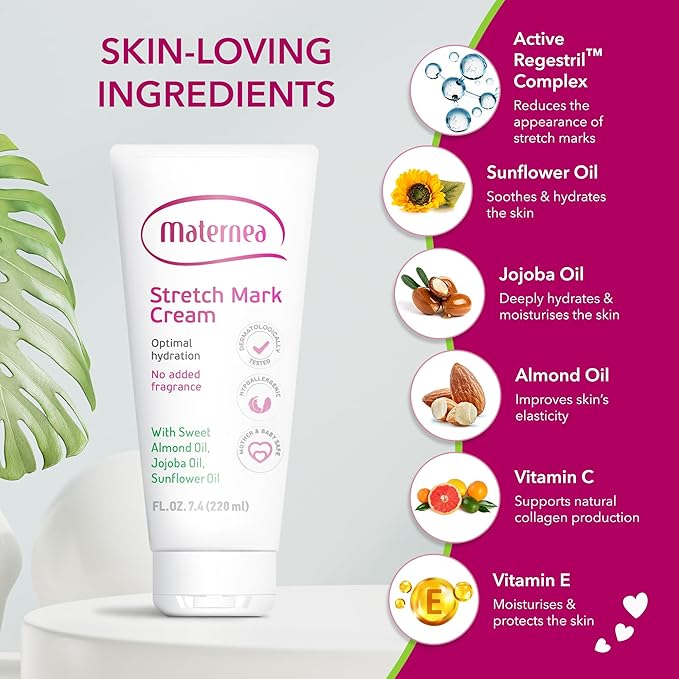 Stretch Mark Cream for Pregnancy – Nourishing Maternity Skin Care with Almond, Jojoba Oils, Vitamins C and E – Helps Hydrate and Improve the Look of Stretching Skin – 5 fl oz (150 ml)