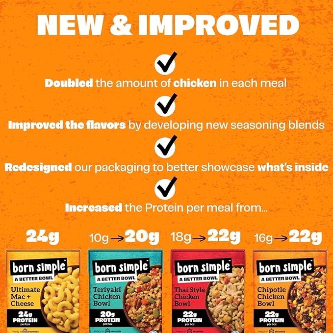 Born Simple Ready to Eat Meals, Variety Pack |Includes Chipotle, Teriyaki, Thai Chicken & Ultimate Mac and Cheese|IMPROVED RECIPE - High Protein, Prepared Meal, Microwavable Entree, 11 oz (Pack of 4)