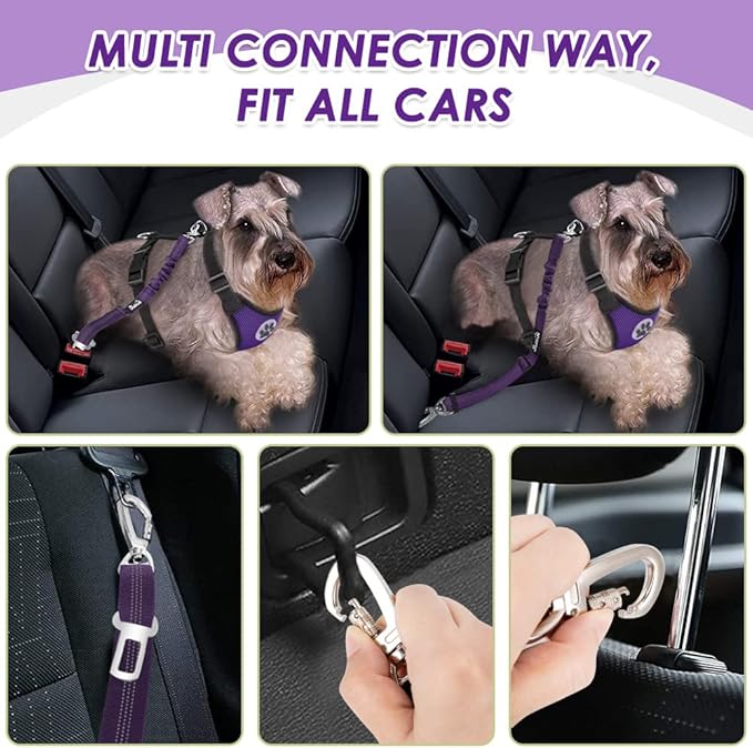 Lukovee Dog Seat Belt for Car, Adjustable Dog Car Harness for Large Medium Small Dogs, Soft Padded & Breathable Mesh Dog Seatbelt with Car Vehicle Connector Strap (Purple Double Clip,Large)