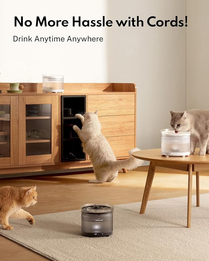 Homerunpet Cordless Cat Water Fountain, 7800mAh Battery, 30-Day Runtime, Easy-Clean Detachable Design, Transparent Tank, Motion Sensor, White