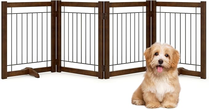 Wire Dog Gate Solid Wood Frame, Anti-Chewing, 4-Panel, 24" Height, 80" Width, Indoor Freestanding Pet Gate Foldable Wooden Dog Fences for Stairs, House, Doorway, Walnut Color
