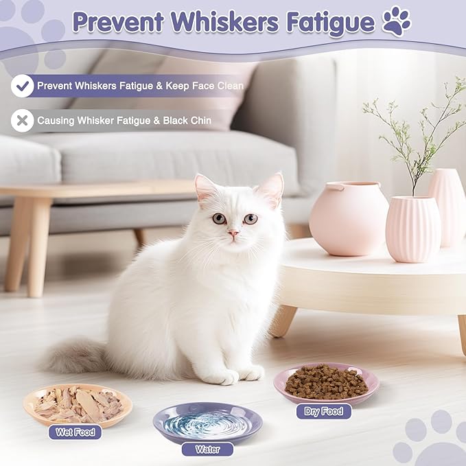 6 Pack Ceramic Cat Bowls, Cat Food Bowl, Anti Whisker Fatigue Cats Bowl Set, 6 Inches Shallow Wide Kitten Plates for Food and Water，Durable Wheat Straw Cats Bowls