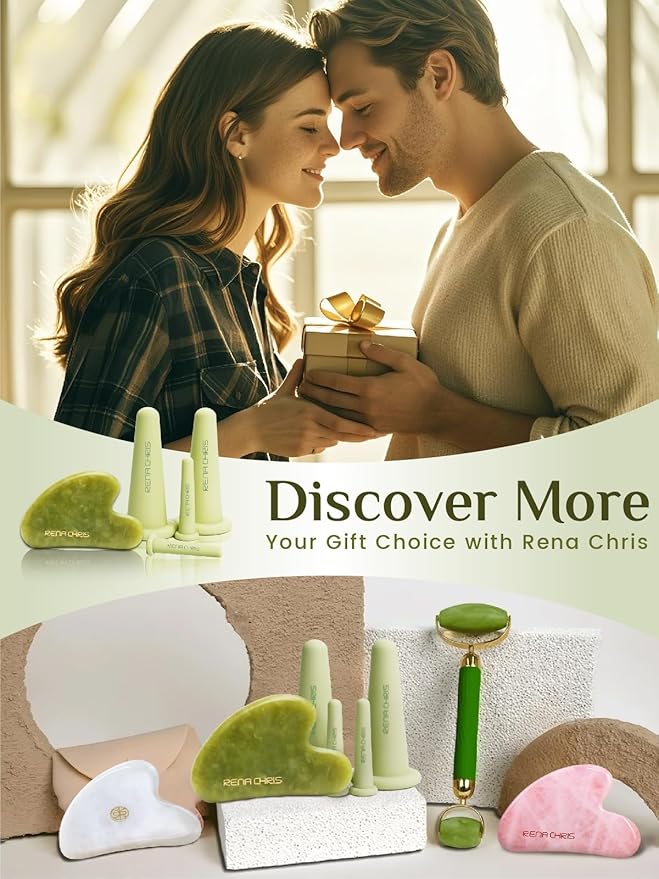 Rena Chris Facial Cupping Set & Gua Sha Tool - Jade Stone, Silicone Facial Cupping, Puffiness & Lip Plumping Therapy for Natural Skin Care