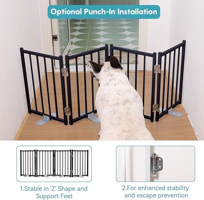 No Pawblems Free Standing Short Dog Gate, 16.5'' Tall Foldable Dog Fence for Indoor & Outdoor, Up to 48 Inch Extra Wide Puppy Gate for Stairs, Hallways, Doorways, Deck, Yard (Black, 4 Panels)