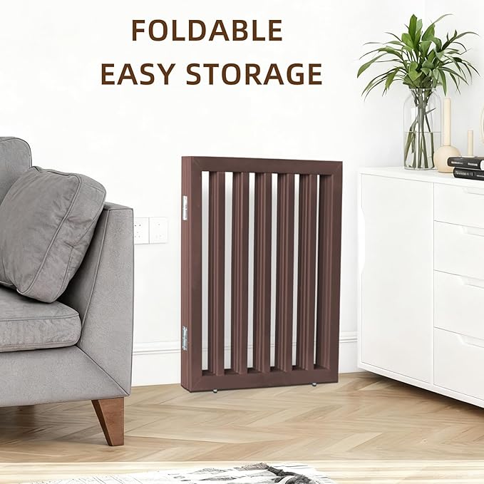 ZJSF Freestanding Indoor Dog Gate for House Foldable Wood Brown Puppy Gate for Doorways Pet Gate for Stairs Extra Wide Pet Fence 24" Height 3 Panels