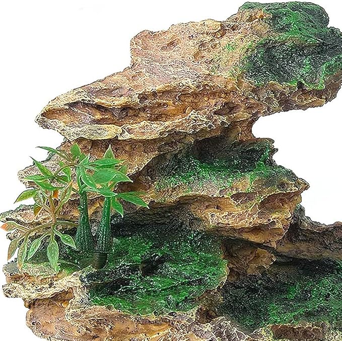 IBWell Aquarium Ornament, Mountain View Stone with Moss Tree Rock Cave Landscape Artificial Fish Tank Decoration