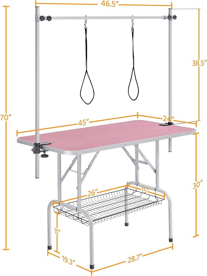 Yaheetech 46'' Pet Grooming Table for Large Dogs Adjustable Height - Portable Trimming Table Drying Table w/Arm/Noose/Mesh Tray Maximum Capacity Up to 265Lb -Pink