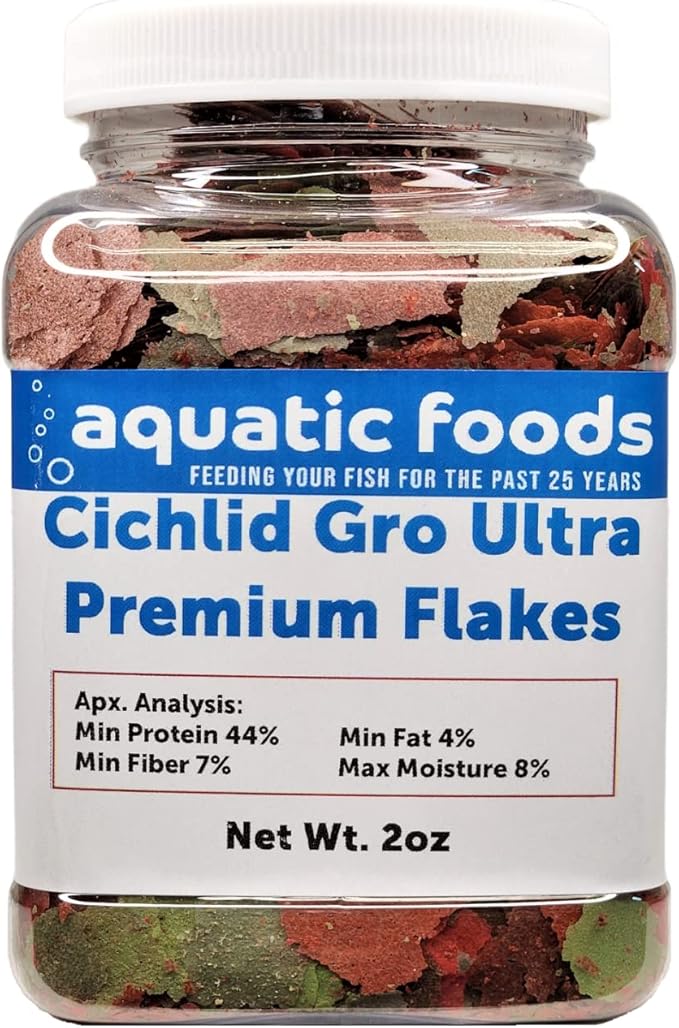 Aquatic Foods Inc. Cichlid Growth Flakes, Ultra 8-Type Premium Flake Mix for Discus, Cichlids, All Tropicals. Aquatic Foods Premiun Flakes - 2oz Small Jar