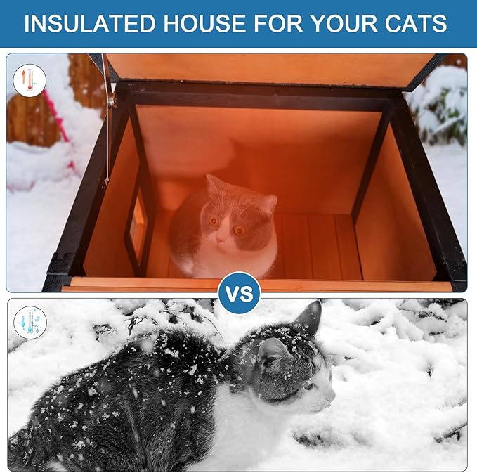 Outdoor Cat House Insulated Feral Cat Shelter Weatherproof Outside Cat House for Indoor Outdoor Winter Stray Cats with All-Round Foam 2 Escape Door Openable Waterproof Roof & Elevated Floor