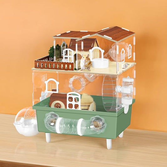 Acrylic Hamster Cage Chew Proof Hamster Habitat Large Hamster Enclosure, 13.3''* 9.8''* 17.4'' Clear Pet Mice House for Dwarf Syrian Small Hamsters, Green