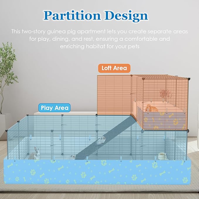 Guinea Pig Cages with Tarp and Bedding Pee Pad Liner, 2-Story Large Guinea Pig Playpen C&C Loft Cage for 2 Rabbit Bunny Chinchilla Small Animal Habitat for Indoor