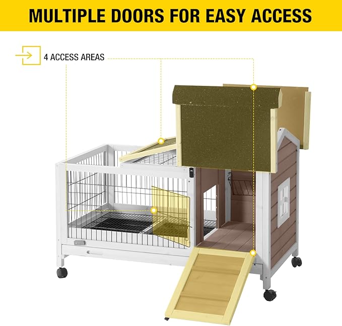Aivituvin Rabbit Hutch Indoor Bunny Cage Outdoor Bunny House with Wire Floor Leakproof Plastic Tray, Brown