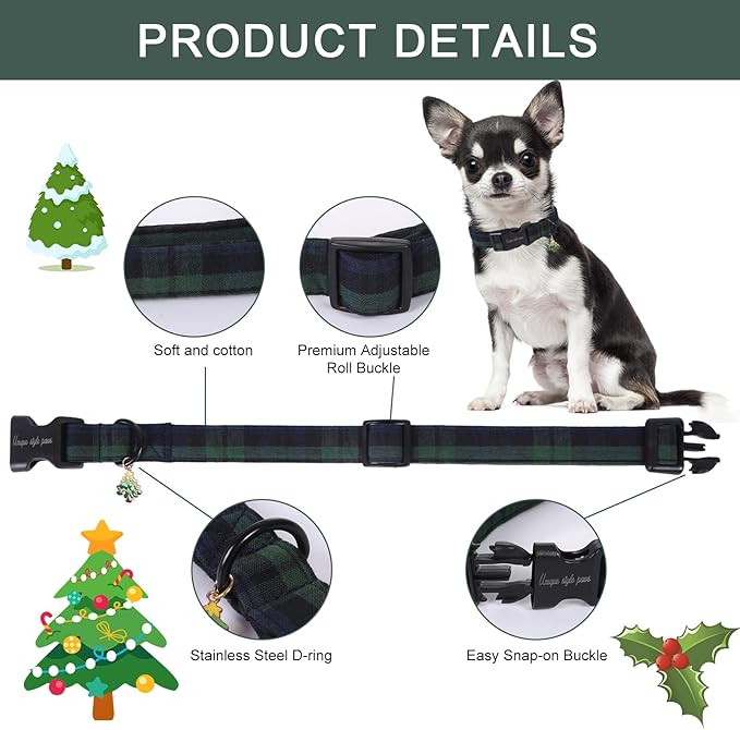 Unique Style Paws Christmas Dog Collar Plastic Buckle with Pendant Green Plaid Cotton Puppy Collars for Small Medium Large Dogs