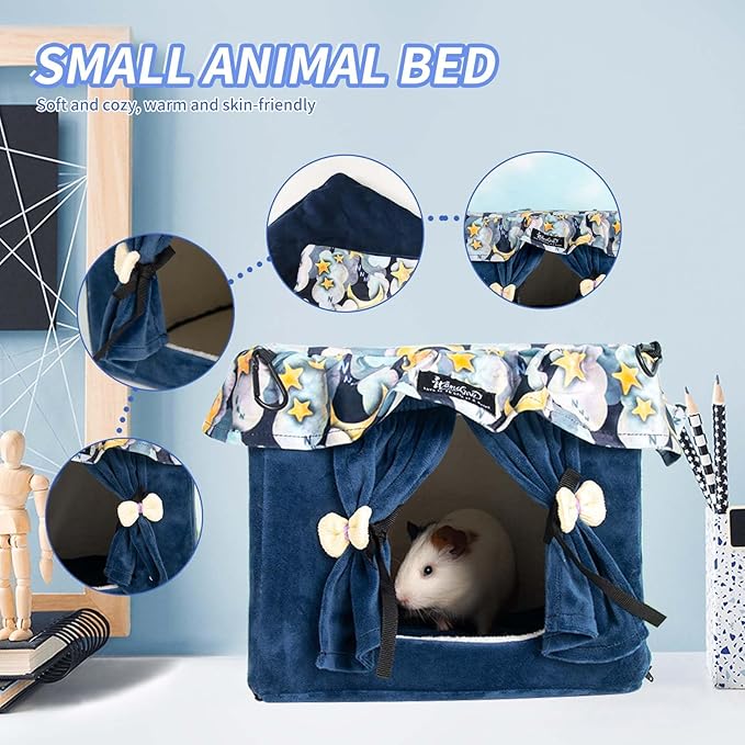 Guinea Pig Bed with Curtain Machine Washable Soft Cozy Chinchilla Bed Hedgehog Beds - Spacious Privacy House Small Animal Hideout for Ferret Hamster Rat Sugar Glider Dwarf Rabbit (Blue, Small)
