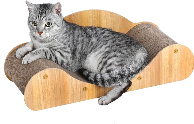 Simple Deluxe Cat Scratcher Cardboard Bed, Natural Solid Wood Scratch Lounger for Scratching&Sleeping, 23 inches Scratching Board Furniture Protector, Curved