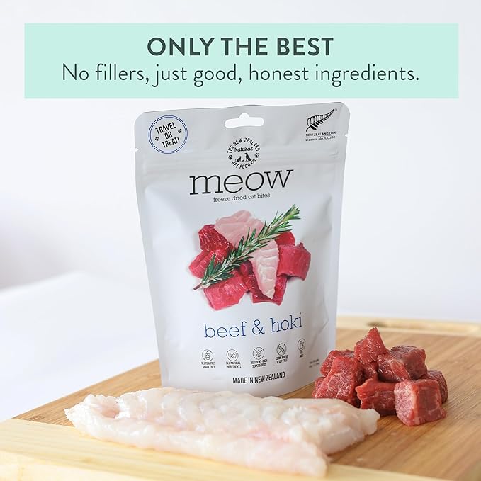 The New Zealand Natural Pet Food Co. Meow Freeze Dried Cat Food - Beef & Hoki Recipe, High Protein, Meals & Toppers, Dry Cat Food,1.76 oz