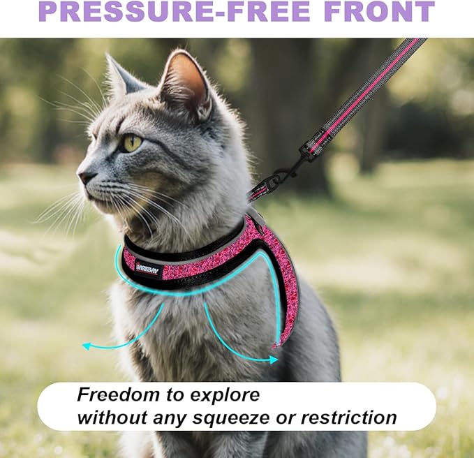 Cat Harness and Leash Set,Escape Proof Kitten Harness,Step in Adjustable Soft Lightweight,Easy Control,Reflective Strips Comfortable for Walking Travel(Pink/Black,M)