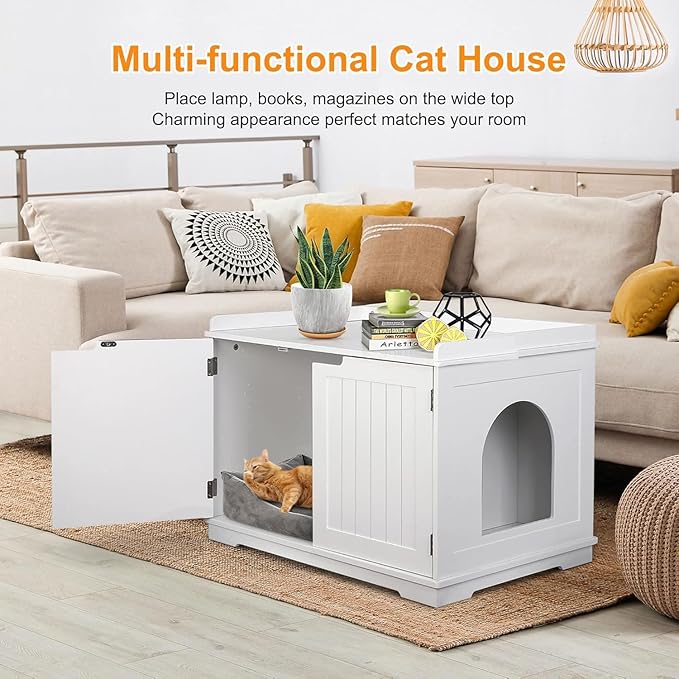 Cat Litter Box Enclosure Furniture Wooden w/Adjustable Divider, Indoor Cat House Storage Cabinet,End Table,for Large Cats, White