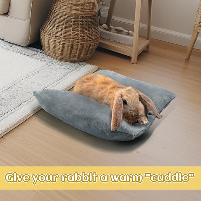 MEWTOGO 14" x 13" Bunny Bed for Rabbit Cage - Thickened Soft Prevent Sore Hocks Plush Mat with Cotton Lounger Pillows, Small Animal Flop Mat for Hutch Sleeping Indoor, Gray