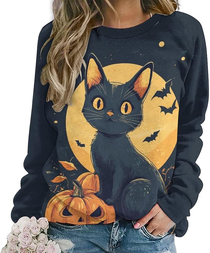 Halloween Sweatshirts for Women Black Cat Print Pullover Crewneck Oversized 2024 Fall Fashion Casual Warm Shirt