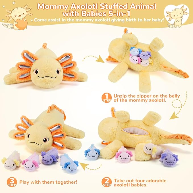 5 Pieces Axolotl Stuffed Animals with Babies Inside Belly - 1 Mommy Stuffed Axolotl with 4 babies - Yellow Axolotls Plush Toy for Kid Age 3-8, Gift Ideal for Christmas, Valentine's, Birthday