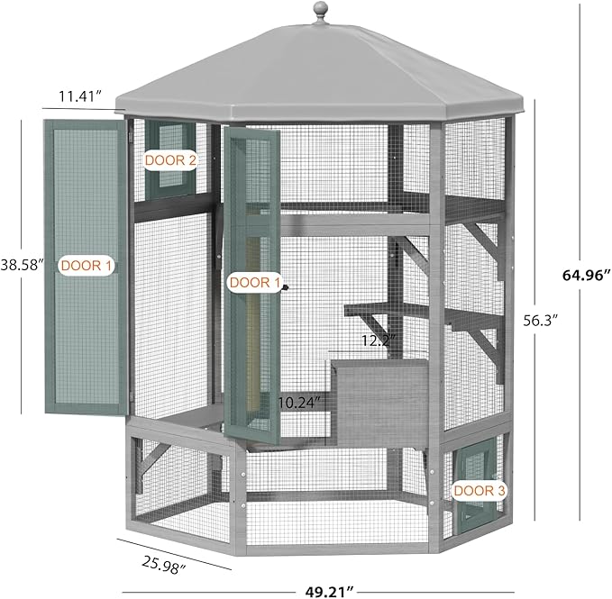 Catio Outdoor Cat Enclosure, Large Indoor Cat Catio for Multiple Cats with Window Access & Waterproof Roof, Includes Cats House, Multiple Platforms & Scratching Post, 65" Kitty Cage, Grey