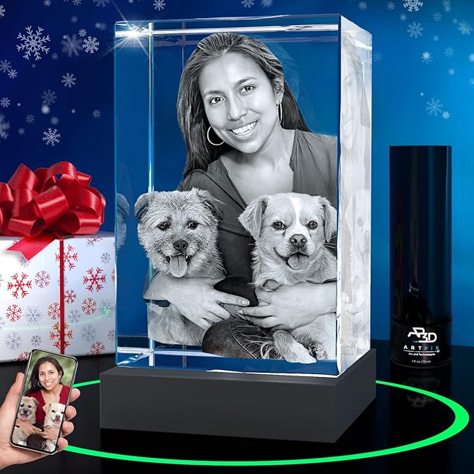 ArtPix 3D Crystal Photo, Christmas Personalized Gifts for Women, Wife, Her, Him, Men, Husband, Grandma, Great Xmas Customized Gift with Your Own Photo, Custom Glass 3D Laser Etched Picture Wedding