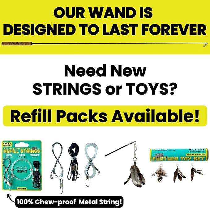 Forever Stick - The Unbreakable Cat Teaser Wand, Extra Long Durable Interactive Toy for Indoor Cats, Cat Fishing Pole Toy for Bored Indoor Adult Cats, Feather String Toy On Stick Enrichment
