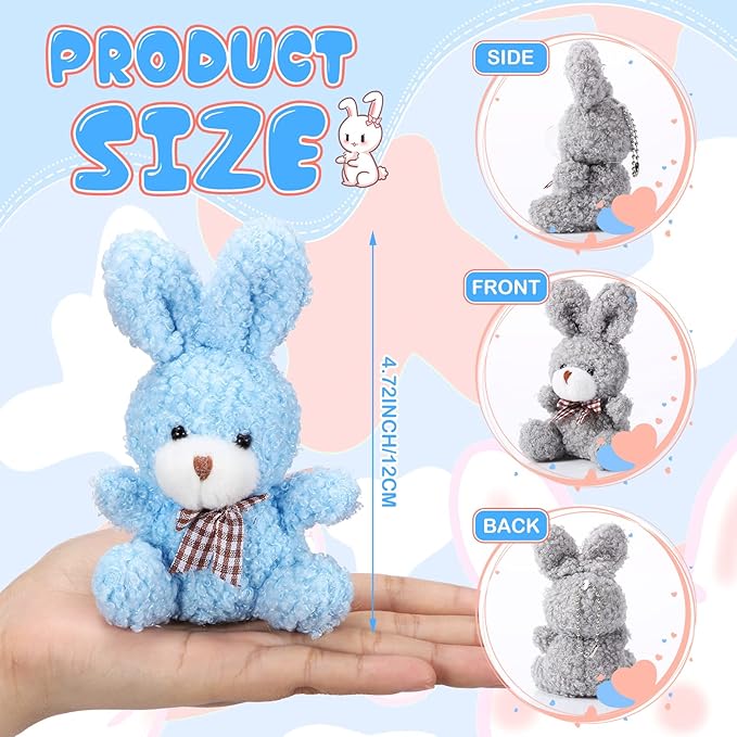 Sotiff 24 Pcs Easter Plush Bunny Stuffed Animal Gift Bulk 4.7 Inch Mini Bunnies Keychain Doll Furry Rabbit with Bow Tie for Birthday Baby Shower Party Favor Gifts Classroom Rewards(Pink, Blue)