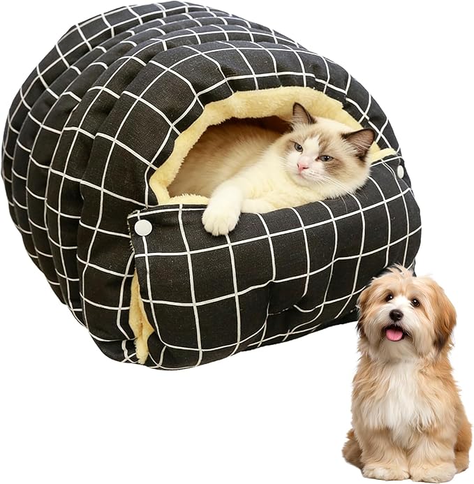 Cat Dog Cave Bed, 2026 New Winter Cave for Cat and Small Dog, Warm Plush Covered Cat House with Removable Cushion,Soft Calming Indoor Cat Bed (Black Plaid, M(14 * 12 * 8inch)
