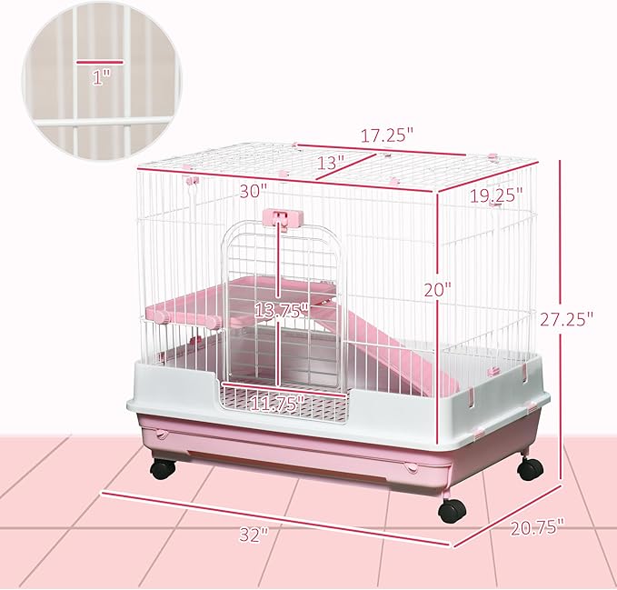 PawHut 2-Level Small Animal Cage Rabbit Hutch with Wheels, Removable Tray, Platform and Ramp for Bunny, Chinchillas, Ferret, Pink