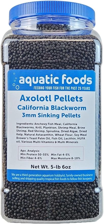 Aquatic Foods Inc. Axolotl Blackworm Pellets. 3mm-1/8 Sinking California Blackworm Medium Pellets for Medium/Large Axolotl, Frogs, Shrimp, Salamanders, Newts, Snails…5-lbs 6oz Jar