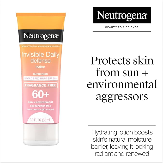 Neutrogena Invisible Daily Defense Fragrance-Free Sunscreen Lotion, Broad Spectrum SPF 60+, Oxybenzone-Free & Water-Resistant, Sun & Environmental Aggressor Protection, 3.0 fl. oz